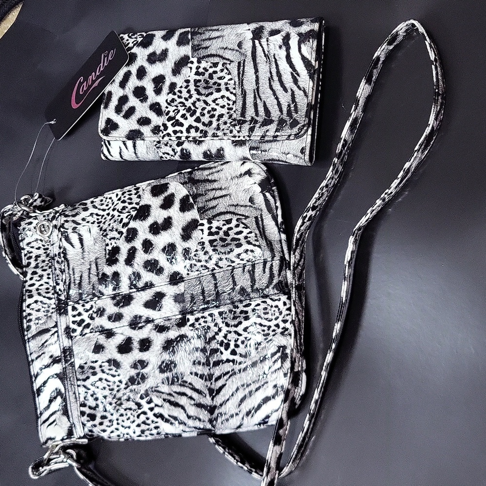 Snow Tiger Faux Patent Leather Crossbody With Matching Long Wallet NWT